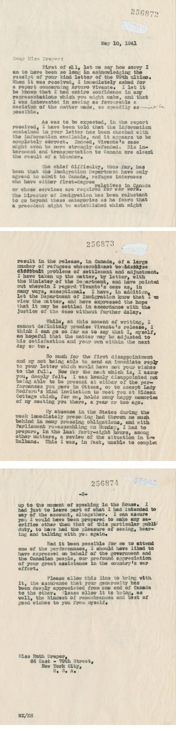 Lettre du premier ministre Mackenzie King à l’actrice Ruth Draper, à propos de la libération de l’interné Arturo Vivante.
